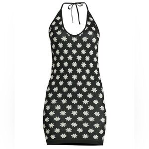 No Boundaries Black White Daisy Floral Print Bodycon Dress Boho Cottage Womens L